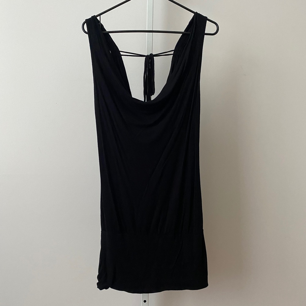 Lani Y2K MobWife Office Siren Cowl Neck Tie Back Mini Dress Large Black